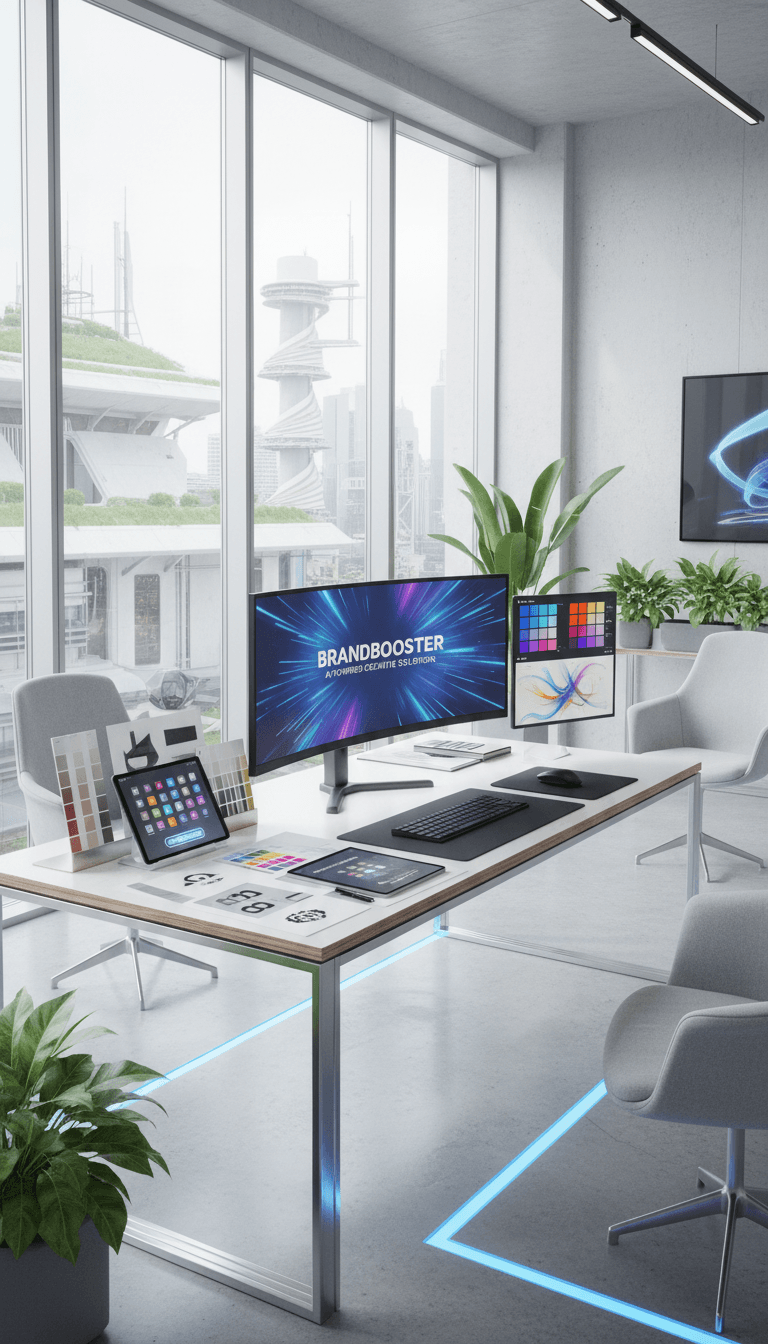 High-tech workspace with computers, design sketches, and AI interfaces