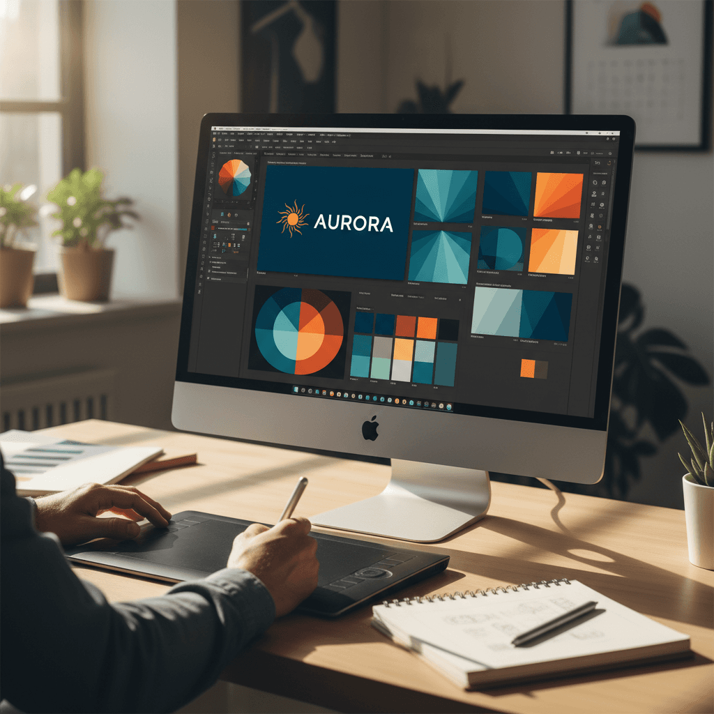 Professional graphic designer working on logo and branding materials at modern desk with color palette