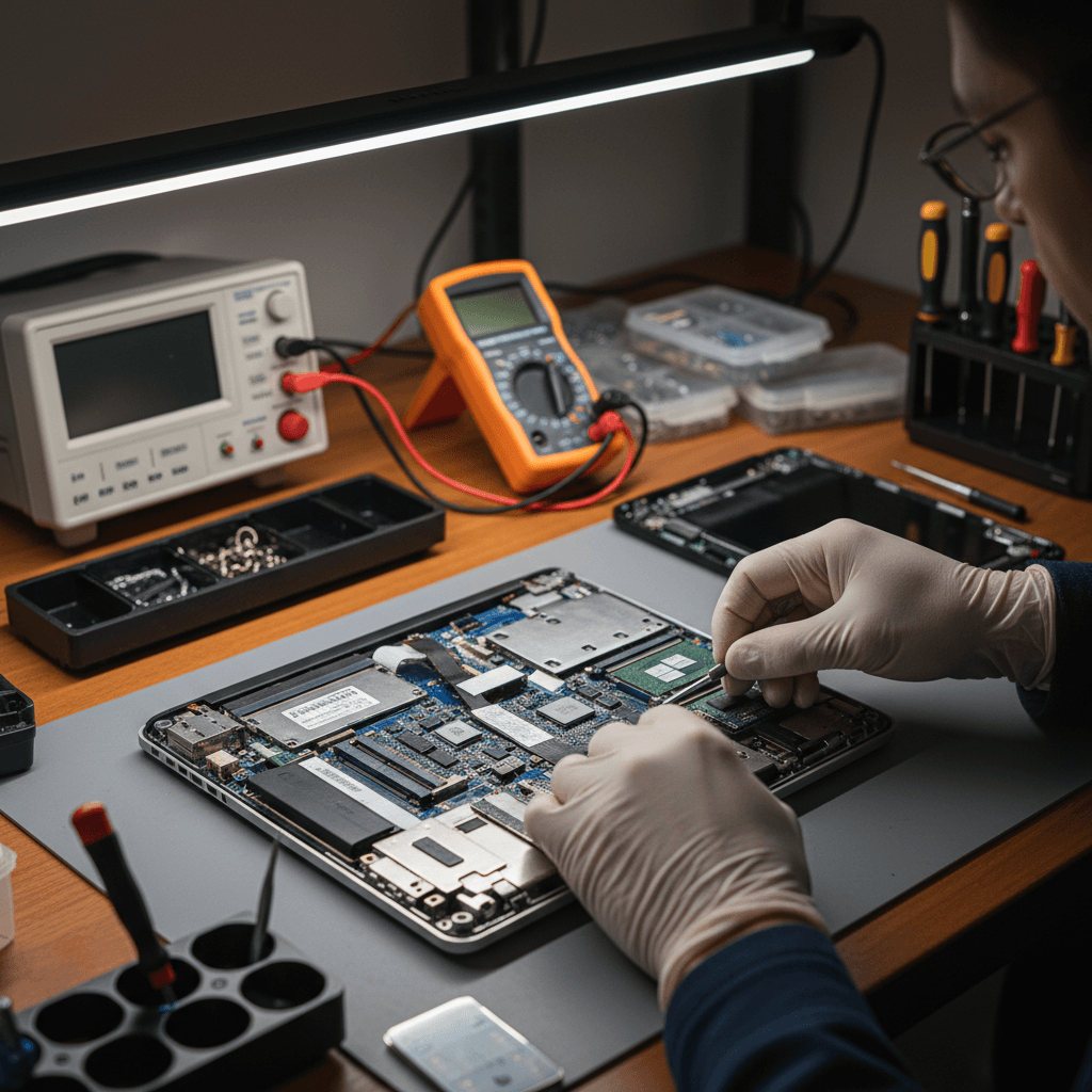 Technician's hands carefully disassembling a laptop with precision tools on a well-lit workbench